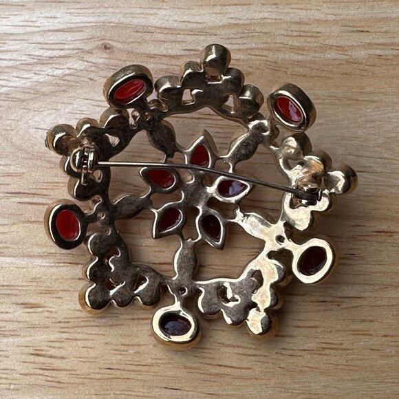 VTG Brooch Pin 2" Rhinestone Blooming‎ Flower Pink Red Gold Plated Geometric - Picture 7 of 9